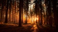 Sun rays passing through pine tree trunks in a tranquil forest at golden hour, creating strong contrasts and a peaceful mood Royalty Free Stock Photo