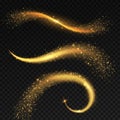 Golden light tails. Magic fairy stardust with yellow sparkles, christmas shiny star light. Glittering comets and festive