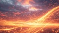 Golden Light Trails Flow Across Sunset Sky with Particles, Digital Art and Light Trails Theme Royalty Free Stock Photo