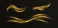 Golden light trails, light in motion, glowing speed lines with sparkles. Bright gold decoration, luminescent swirls.