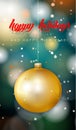 Golden lighted with decorated, bright, gilded balls on Christmas card -