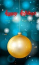 Golden lighted with decorated, bright, gilded balls on Christmas card -