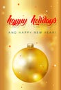 Golden lighted with decorated, bright, gilded balls on Christmas card -