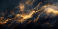 Golden lightning illuminating a dark sky during a fierce storm. Generative AI