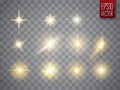 Golden lights sparkles collection. Vector illustration of glowing lens flares, flashes and sparks.