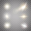 Golden lights sparkles collection. Vector illustration of glowing lens flares, flashes and sparks.