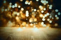 Golden Christmas Lights Background, Celebration Or Party Texture With Wood Royalty Free Stock Photo