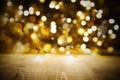 Christmas Golden Lights Background, Party Or Celebration Texture With Wood Royalty Free Stock Photo