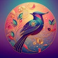 Golden lines outline green, pink and purple bird decorative painting
