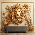 Luxurious Golden Lion Head Wall Relief with Flowers and Cabinet Royalty Free Stock Photo