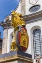 Golden lion and city weapon at the market square of Hachenburg