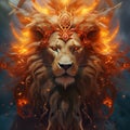 Golden lion engulfed in flames, eyes wide, adorned with a crown, AI-generated. Royalty Free Stock Photo