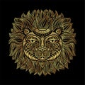 Golden Lion head. Tribal pattern. Image of a lion head on a black background. Can be used for logo, tattoo, horoscopes Royalty Free Stock Photo