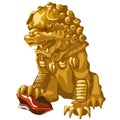 Golden lion statue with red eyes in an Asian style Royalty Free Stock Photo