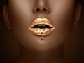 Golden lipstick closeup. Liquid metal dripping from gold lips. Beautiful makeup. Sexy lips, bright liquid paint on girl`s mouth Royalty Free Stock Photo