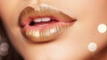 Golden lipstick closeup. Metal gold lips. Beautiful makeup. Sexy lips, bright paint on beautiful model girl& x27;s Royalty Free Stock Photo