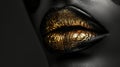 Golden lipstick closeup. Metal gold lips. Beautiful makeup. Sexy lips, bright paint on beautiful model girl's mouth Royalty Free Stock Photo