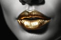 Golden lipstick closeup. Silver with Gold metal lips. Beautiful makeup. Sexy lips Generative AI.