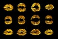 Golden lipstick kiss print set black background isolated close up, yellow sexy lips mark makeup collection, gold female kisses Royalty Free Stock Photo