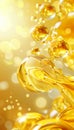 Golden liquid backdrop with oil bubbles and shimmering golden droplets for captivating visuals