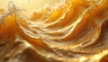 Golden liquid flows in dynamic waves with light reflections. Abstract water splash forms crests. Shiny metallic fluid creates Royalty Free Stock Photo