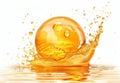 Golden liquid splash with floating sphere Royalty Free Stock Photo