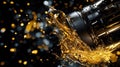 Golden liquid splashing from a black lens. Captivating light reflections create intriguing patterns. Ideal for creative projects Royalty Free Stock Photo
