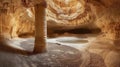 Golden Lit Cave Interior With Stone Column and Still Water Pool Royalty Free Stock Photo