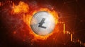 Golden Litecoin coin falling in fire flame.