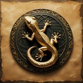 golden lizard emblem on patterned background Royalty Free Stock Photo