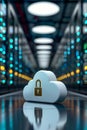 Golden lock icon on white cloud in server room with blue lights for heightened security Royalty Free Stock Photo