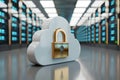 Golden lock icon on white cloud in server room with flashing blue lights for enhanced security Royalty Free Stock Photo