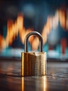 A golden lock placed on a reflective wooden surface symbolizing cybersecurity and data protection with a blurred background Royalty Free Stock Photo