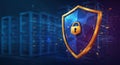 A golden lock sits on a blue shield in front of a server room symbolizing data security Royalty Free Stock Photo
