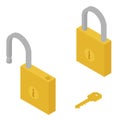 Golden locked unlocked padlock and key isometric view isolated on white background. Royalty Free Stock Photo