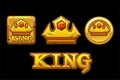 Golden logos king. Crown icons on golden square and coin. Text Logo King