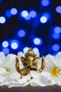 Golden lord Ganesha sculpture in daisy flowers over blue illuminated background. Celebrate lord Ganesha festival Royalty Free Stock Photo