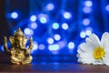 Golden lord Ganesha sculpture in daisy flowers over blue illuminated background. Copy space for text Royalty Free Stock Photo
