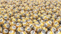 Golden lottery balls stack background. 3d illustration