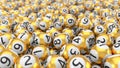 Golden lottery balls stack background. 3d illustration