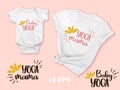 Golden lotus flower and the inscriptions YOGA MAMA, BABY YOGA. Vector concept with t-shirt and bodysuit mockup