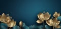 Golden lotus line arts on dark blue background luxury gold wallpaper design wedding background