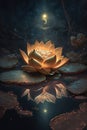 Golden lotus rose blooms at night in the water in the swamp. Fantasy magic flower, yellow light from inside, the reflection of the Royalty Free Stock Photo