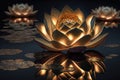 Golden lotus rose blooms at night in the water in the swamp. Fantasy magic flower, yellow light from inside, the reflection of the Royalty Free Stock Photo