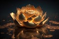 Golden lotus rose blooms at night in the water in the swamp. Fantasy magic flower, yellow light from inside, the reflection of the Royalty Free Stock Photo