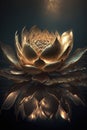 Golden lotus rose blooms at night in the water in the swamp. Fantasy magic flower, yellow light from inside, the reflection of the Royalty Free Stock Photo