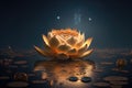 Golden lotus rose blooms at night in the water in the swamp. Fantasy magic flower, yellow light from inside, the reflection of the Royalty Free Stock Photo