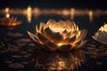 Golden lotus rose blooms at night in the water in the swamp. Fantasy magic flower, yellow light from inside, the reflection of the Royalty Free Stock Photo