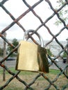 Golden love padlock fix on a metallic net Royalty Free Stock Photo