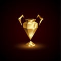 Golden Low Poly Champions Cup. Abstract Polygonal 3D Soccer League Trophy on Black Background.